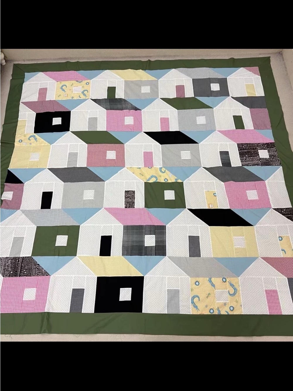 Handmade Picket Fence Cottages Cotton Fabric Patchwork quilt top/topper 86x86”